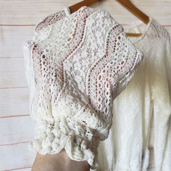 7 For All Mankind Stretchy Lace Round Neck Long Sleeve Top/Blouse Ivory Cream - Picture 3 of 9